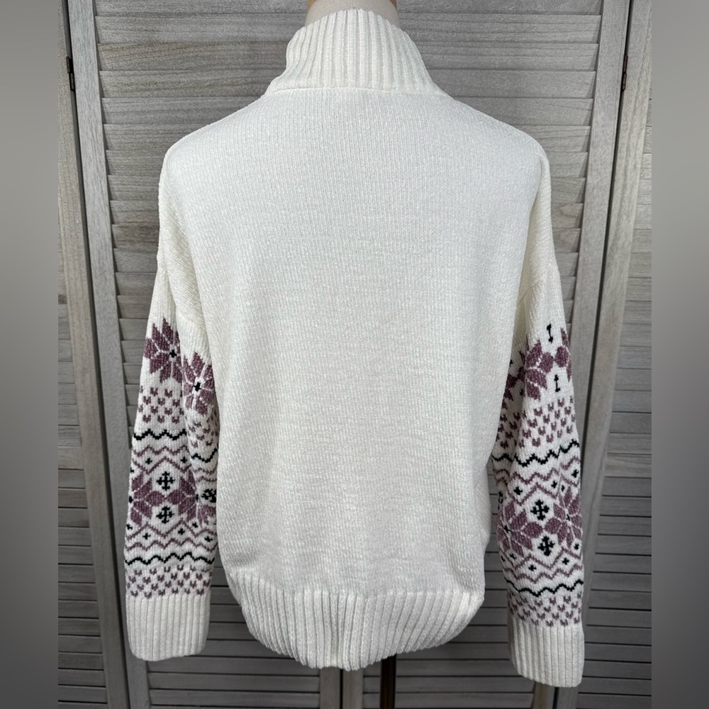 CHRISTIAN SIRIANO Cozy Chenille Knit Mock Neck Fair Isle Sweater Ivory/Purple-M - Picture 2 of 2
